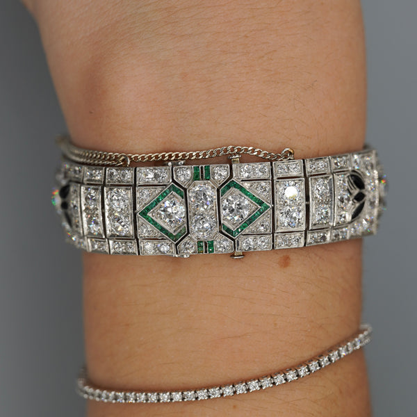 Art Deco Old-European Cut Diamond, Emerald and Onyx Platinum Bracelet