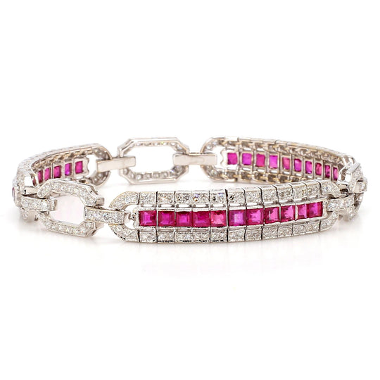 Art Deco Square Cut Ruby & Diamond Pave in 18K White Gold Link Tennis Bracelet