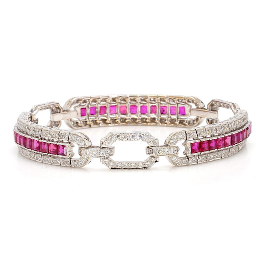 Art Deco Square Cut Ruby & Diamond Pave in 18K White Gold Link Tennis Bracelet