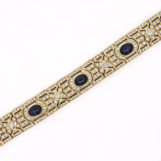 Art Deco Style 12 Carat Cabochon Sapphire & Diamond 18K Gold Bracelet