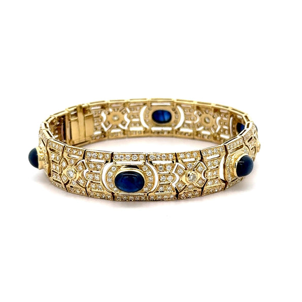 Art Deco Style 12 Carat Cabochon Sapphire & Diamond 18K Gold Bracelet