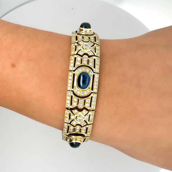 Art Deco Style 12 Carat Cabochon Sapphire & Diamond 18K Gold Bracelet