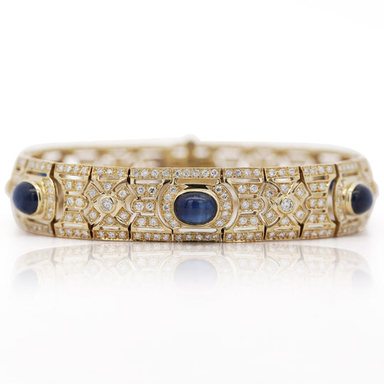 Art Deco Style 12 Carat Cabochon Sapphire & Diamond 18K Gold Bracelet