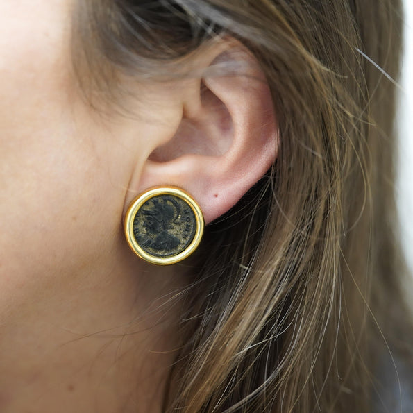 Authentic Roman Coin 14K Gold Bezel Set Stud Earrings With Lever Backs