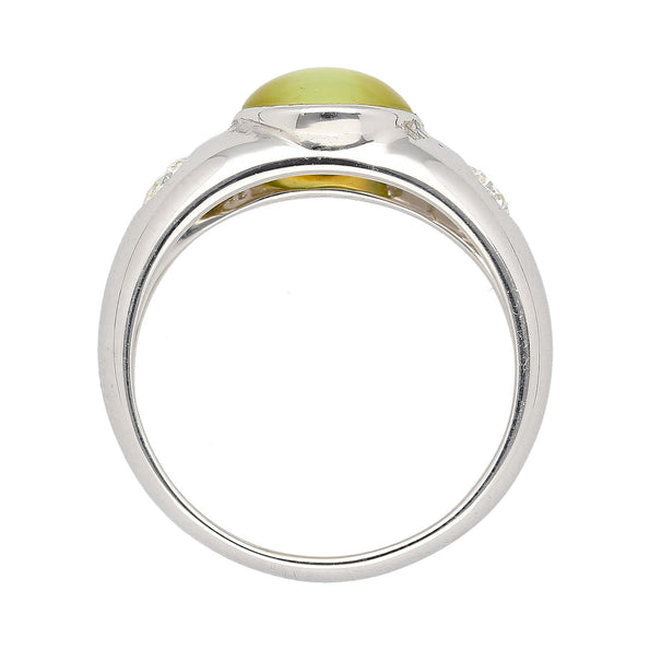 Bezel Set Chrysoberyl Cat's Eye and Diamond Three Stone Ring in 18K White Gold