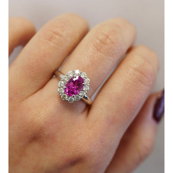 CGTL Certified 3.96 Carat Oval Cut Pink Sapphire and Diamond Halo Ring in 18k White Gold – Assay Jewelers