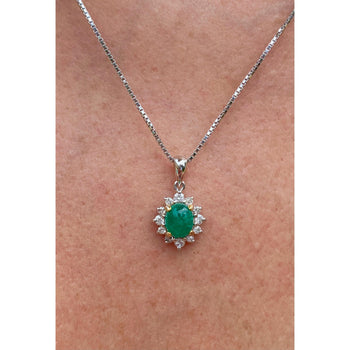 Cabochon Cut Emerald and Diamond pendant in 18k white gold floral/star design – Assay Jewelers