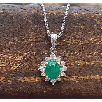 Cabochon Cut Emerald and Diamond pendant in 18k white gold floral/star design – Assay Jewelers