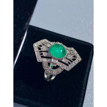Cabochon Cut Natural Emerald Ring in Art Deco inspired Vintage White Gold Setting – Assay Jewelers