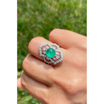 Cabochon Cut Natural Emerald Ring in Art Deco inspired Vintage White Gold Setting – Assay Jewelers