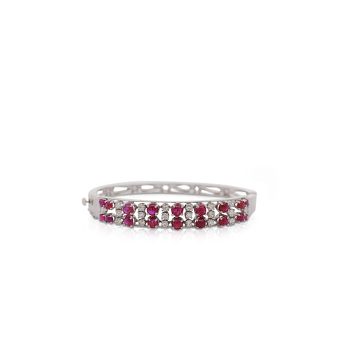 Cabochon Ruby and Round Diamond Bangle Bracelet in 14K White Gold