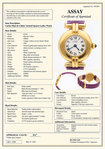 Cartier Must de Colisee Vermeil 590002 Ladies 24mm Watch Box/Papers – Assay Jewelers
