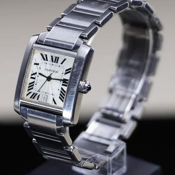 Cartier Tank Francaise 2302 Large Steel Guilloche Roman Dial Blue Hands Watch – Assay Jewelers