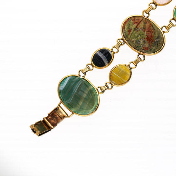Carved Scarab Beetle 14K Gold Multicolor Hardstone Egyptian Revival Bracelet
