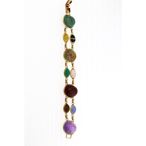 Carved Scarab Beetle 14K Gold Multicolor Hardstone Egyptian Revival Bracelet