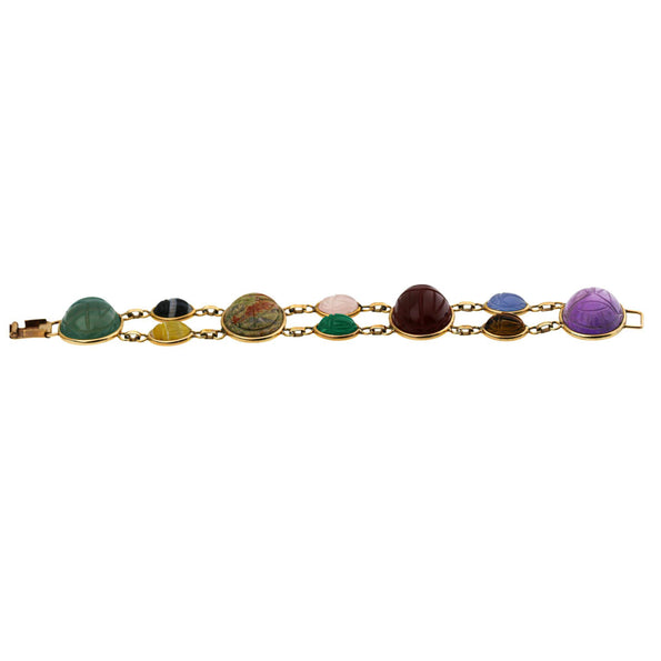 Carved Scarab Beetle 14K Gold Multicolor Hardstone Egyptian Revival Bracelet