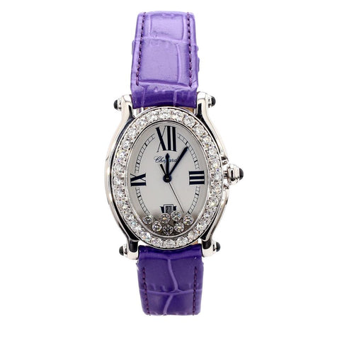 Chopard Happy Sport Floating Diamond & Diamond Bezel Purple Leather Strap Watch