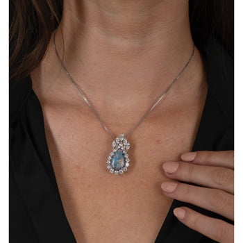 Drop Shaped Black Opal with Marquise & Round Diamond Halo Pendant Or Brooch in 14K White Gold – Assay Jewelers
