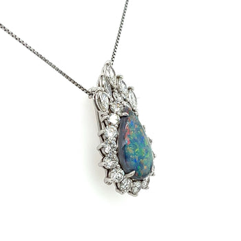 Drop Shaped Black Opal with Marquise & Round Diamond Halo Pendant Or Brooch in 14K White Gold – Assay Jewelers
