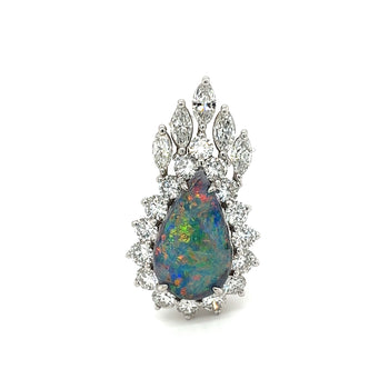 Drop Shaped Black Opal with Marquise & Round Diamond Halo Pendant Or Brooch in 14K White Gold – Assay Jewelers