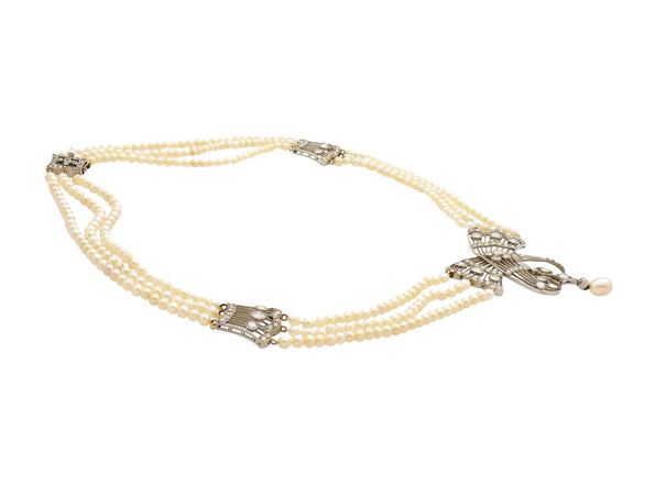 Edwardian GIA Certified Saltwater Pearl & Old Euro Cut Diamond Necklace