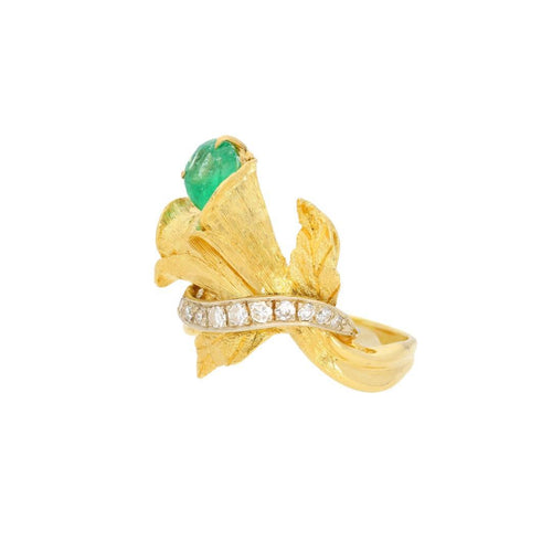 Emerald Diamond 18K Gold Floral Blossom Matte Finish Ring