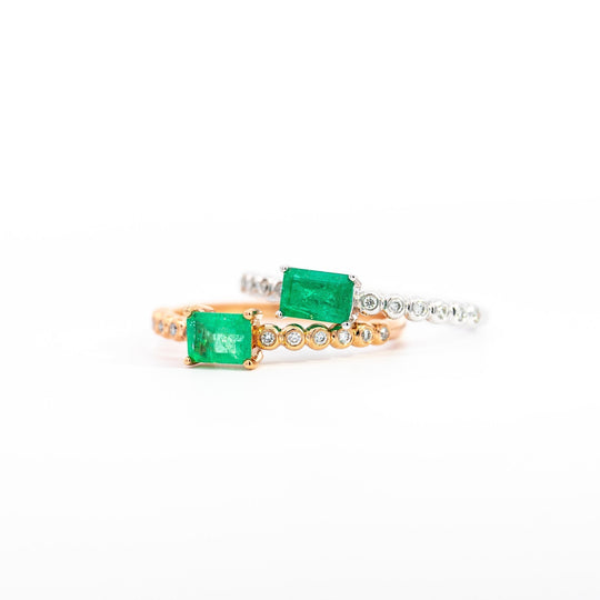 Emerald & Diamond Ribbed Shank Thin Stacking Ring 18K Gold