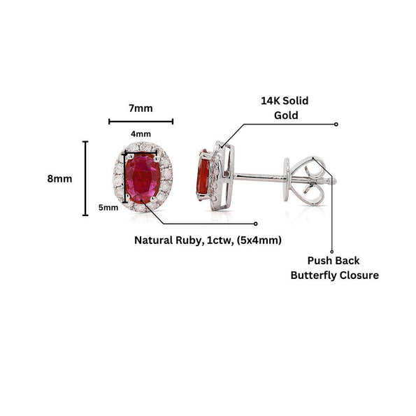 Emerald, Ruby, Or Sapphire & Diamond Halo 1 Carat Stud Earrings in 14K Gold
