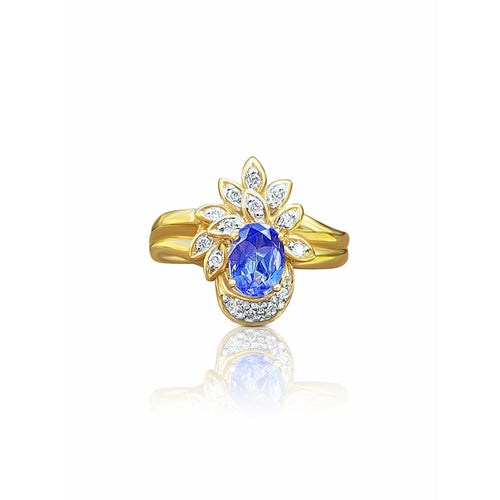 Floral Blue Dominant Tanzanite Ring in 14k Yellow Gold and Diamond Ring