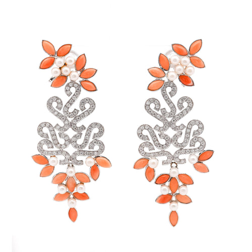 Floral Marquise Coral, Pearl, And Diamond Drop Earrings in 18k White Gold