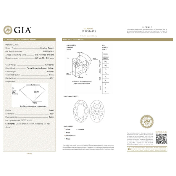 GIA 1.20 Carat Fancy Brownish Orangy Yellow Oval Cut VS2 Natural Loose Diamond