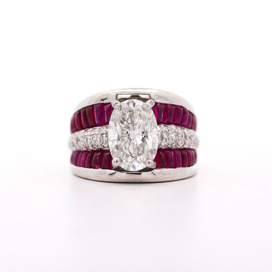 GIA 4.43 Carat Oval G/I1 Diamond & Cabochon Ruby Platinum Vintage Ring