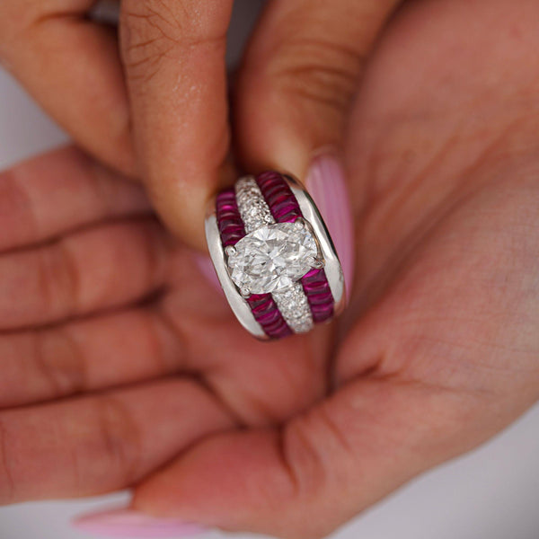 GIA 4.43 Carat Oval G/I1 Diamond & Cabochon Ruby Platinum Vintage Ring