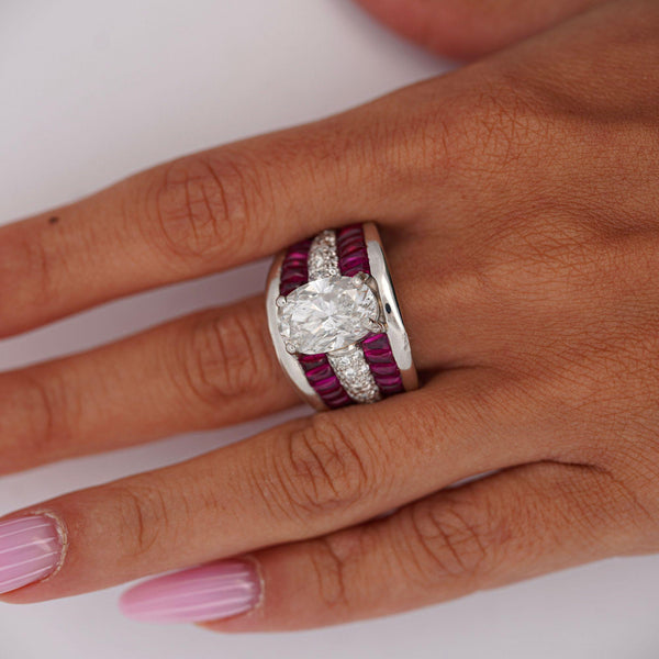 GIA 4.43 Carat Oval G/I1 Diamond & Cabochon Ruby Platinum Vintage Ring