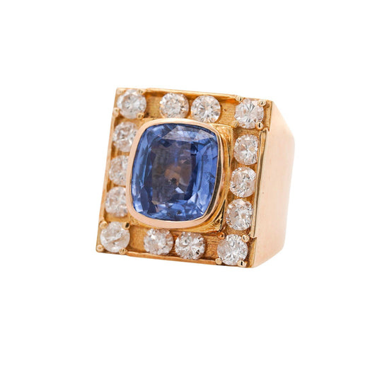 GIA Cert. 8.56 Carat Cushion Light Blue Sapphire 14K Gold Vintage Mens Ring