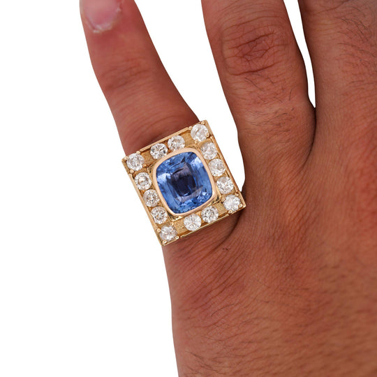 GIA Cert. 8.56 Carat Cushion Light Blue Sapphire 14K Gold Vintage Mens Ring