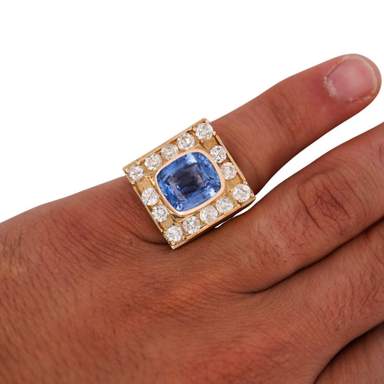 GIA Cert. 8.56 Carat Cushion Light Blue Sapphire 14K Gold Vintage Mens Ring