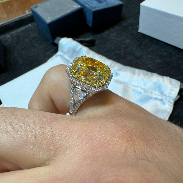GIA Certified 13.14 Carat Fancy Intense Yellow Diamond VVS1 Halo 18K Ring