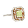 GIA Certified 1.12 carat Radiant Cut Fancy Light Green-Yellow Diamond and Diamond Halo Ring