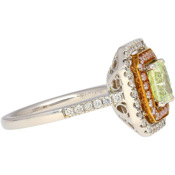 GIA Certified 1.12 carat Radiant Cut Fancy Light Green-Yellow Diamond and Diamond Halo Ring – Assay Jewelers