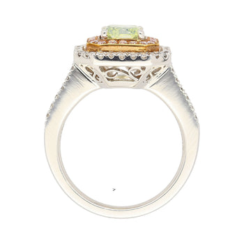 GIA Certified 1.12 carat Radiant Cut Fancy Light Green-Yellow Diamond and Diamond Halo Ring – Assay Jewelers