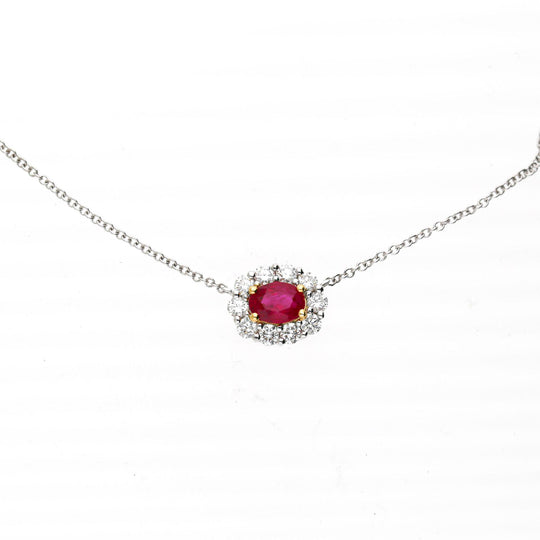 GIA Certified 1.47 Carat Ruby & Diamond Halo Floating Pendant Necklace