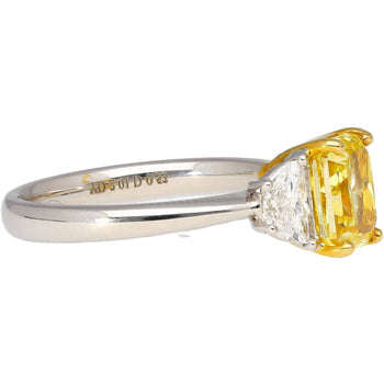 GIA Certified 2 Carat Fancy Vivid Yellow Radiant Cut Diamond 3-Stone Ring With Half Moon Diamond Side Stones – Assay Jewelers