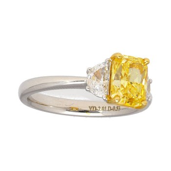 GIA Certified 2 Carat Fancy Vivid Yellow Radiant Cut Diamond 3-Stone Ring With Half Moon Diamond Side Stones – Assay Jewelers