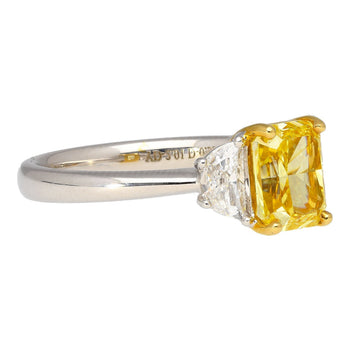 GIA Certified 2 Carat Fancy Vivid Yellow Radiant Cut Diamond 3-Stone Ring With Half Moon Diamond Side Stones – Assay Jewelers
