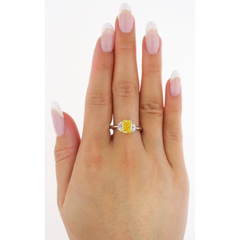 GIA Certified 2 Carat Fancy Vivid Yellow Radiant Cut Diamond 3-Stone Ring With Half Moon Diamond Side Stones – Assay Jewelers
