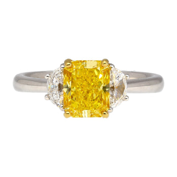 GIA Certified 2 Carat Fancy Vivid Yellow Radiant Cut Diamond 3-Stone Ring With Half Moon Diamond Side Stones – Assay Jewelers