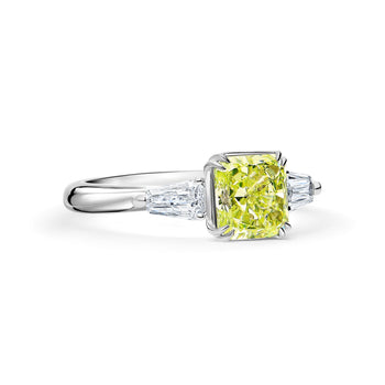 GIA Certified 2.22 Carat Fancy Yellow-Green Radiant Cut Diamond 3 Stone Ring in 18K White Gold – Assay Jewelers