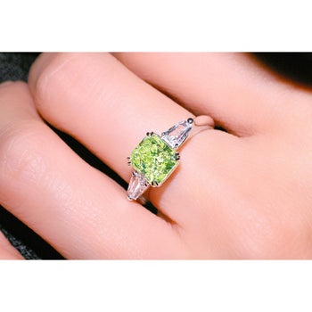 GIA Certified 2.22 Carat Fancy Yellow-Green Radiant Cut Diamond 3 Stone Ring in 18K White Gold – Assay Jewelers