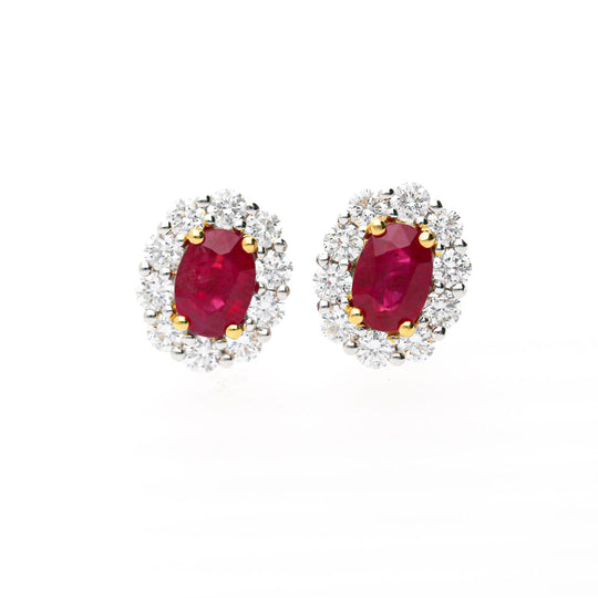 GIA Certified 2.3 Carat Oval Ruby & Round Diamond Halo 18K Stud Earrings